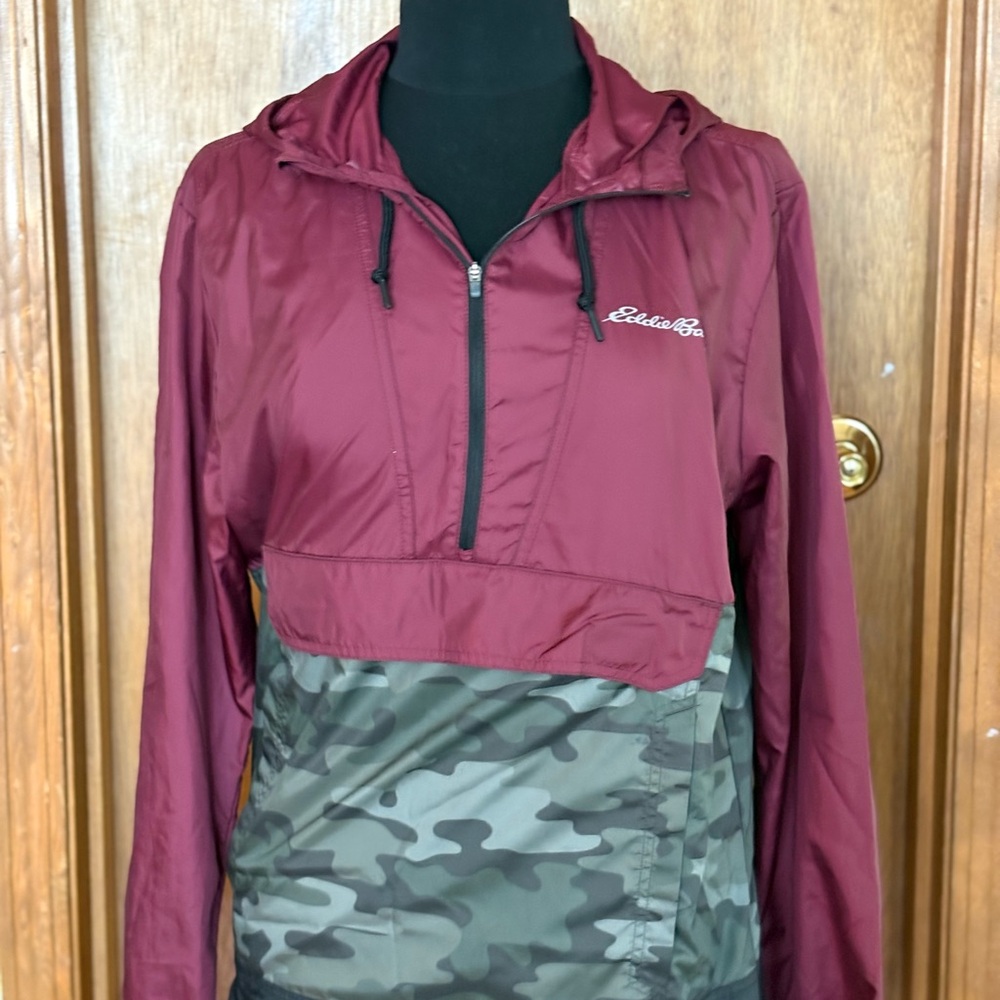 Eddie Bauer Burgundy Hooded Windbreaker with Green Camo Panel